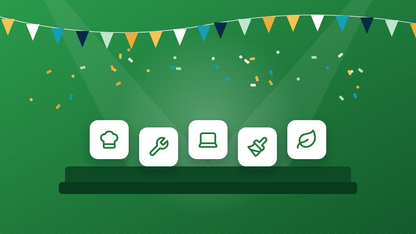 Illustration: Symbole beruflicher Kompetenzen — Kochen, Mechanik, Digitales, Malerei und grüne Berufe — auf einer Bühne mit Wimpelketten und Konfetti