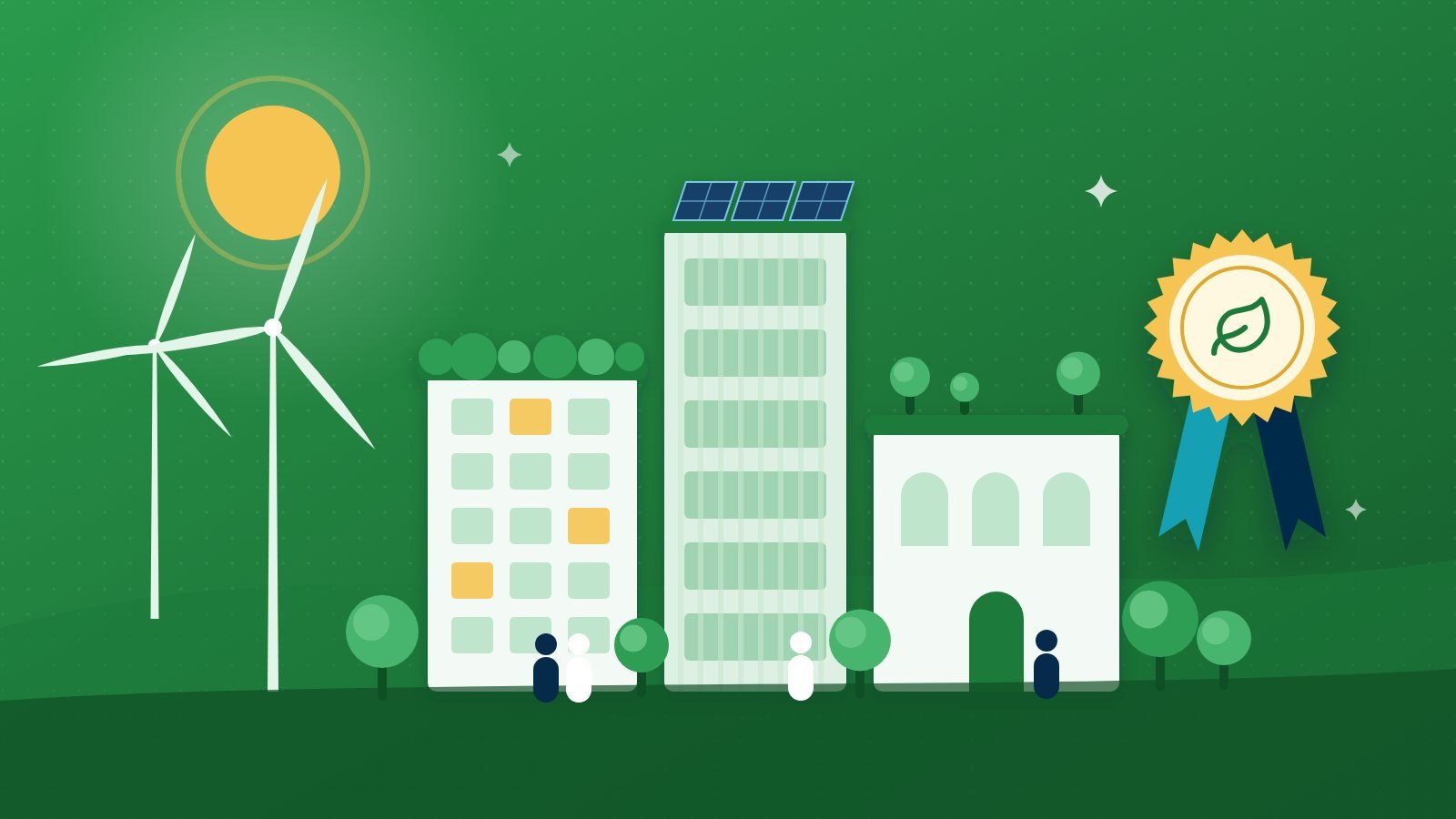 Ilustracija: zelena četvrt sa solarnim panelima, krovnim vrtovima i vjetroturbinama, pokraj nagradne rozete s listom
