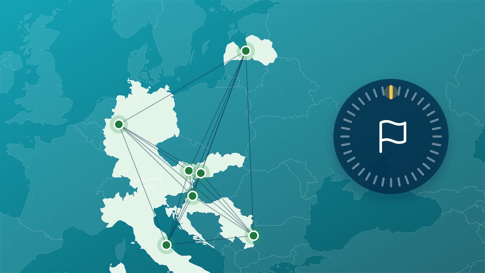 Ilustracija: karta Europe s povezanih sedam partnerskih gradova projekta X-VET i brojčanik od 36 mjeseci s označenim prvim mjesecom