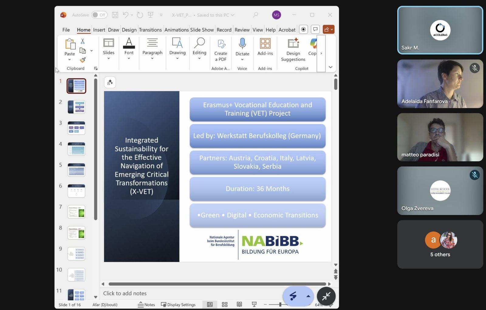 Screenshot of the online meeting: the X-VET presentation next to the partners’ video tiles