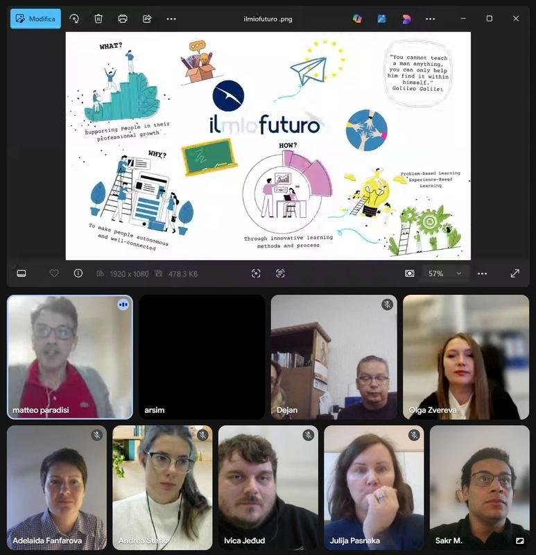 ilmiolavoro presenting its learning approach, with the partners’ video tiles below